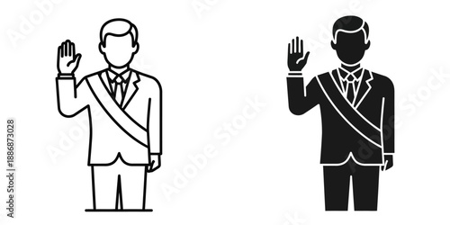 Businessman in suit with hand raised in greeting or oath