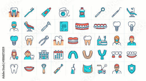Dentistry, Oral Health, and Dental Care Vector Icons Set. Tooth Implants, Braces, Dentist Tools, Hygiene Equipment, and Medical Procedures Outline Symbols.
