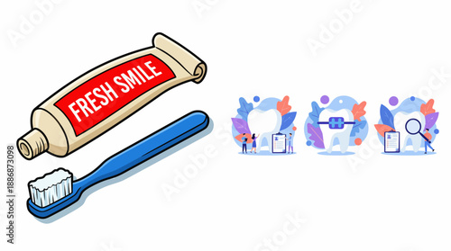 Comprehensive Dental Care Illustration: Toothbrush, Toothpaste, Orthodontic Braces, and Professional Teeth Checkup Vector Icons