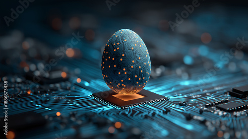 Futuristic Digital Easter Egg on Computer Chip Representing Hidden Technology, Innovation Discovery, Artificial Intelligence, Cybersecurity, and Advanced Digital Concept