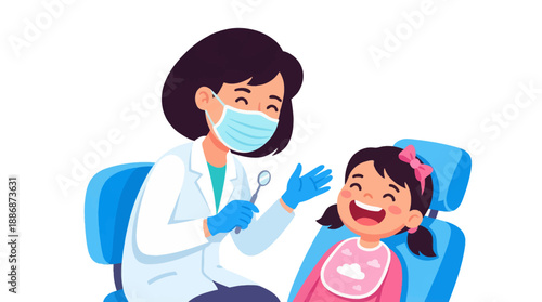 Happy Pediatric Dental Checkup Illustration. Friendly Female Dentist Examining Smiling Little Girl in Chair. Children's Oral Health Vector Art on White.