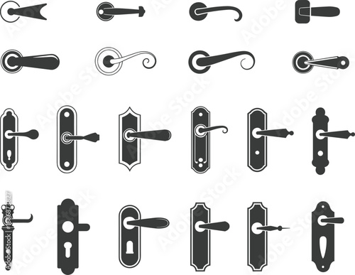 Vintage and modern door handle silhouettes set, classic metal lock designs, retro keyhole plate vector illustration collection isolated on white background