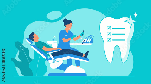 Professional Dentist Examining Patient in Chair. Oral Health Checkup, Dental Care Treatment Plan, and Hygiene Routine. Flat Vector Illustration.