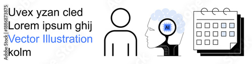 Artificial intelligence, mental processes, productivity tools, human behavior, planning, data analysis. Human figure, brain with connections calendar. Artificial intelligence and mental processes