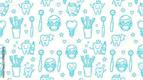 Cute Dental Seamless Pattern. Doodle Outline Background with Happy Teeth, Toothbrushes, Dentist, and Implant Icons for Kids Oral Hygiene and Pediatric Care.