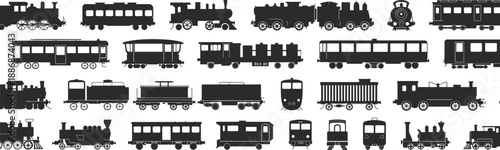 Vintage and modern train silhouette set, railway locomotive and carriage vector illustration, retro transport collection for travel, cargo, metro, and industry design
