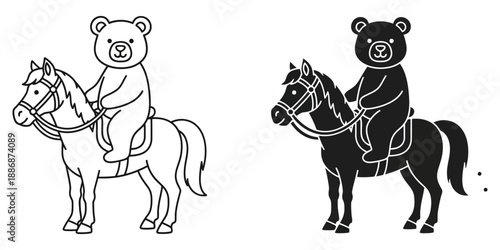 Cute bear riding horse in modern illustration style