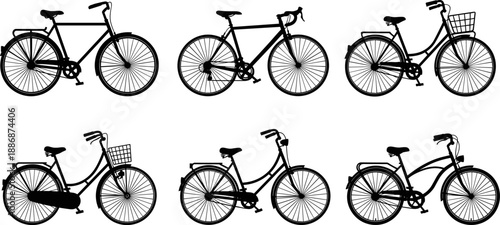 Vintage bicycle silhouette vector set, classic road and city bikes illustrations, black and white cycling collection for transport, urban design, branding icons