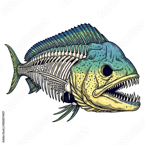 Mahi mahi dorado fish skeleton illustration with angry face and sharp teeth for sport fishing mascot
