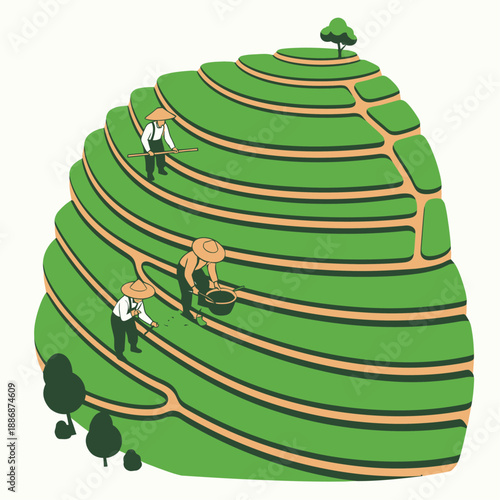 Asian Farmers Working on Green Rice Terraces Illustration