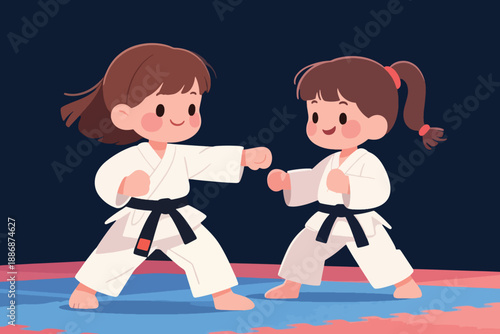 Two young girls sparring in karate with white gi and black belts on blue red mat against dark background.