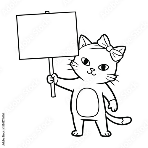 Cartoon cat holding blank sign with bow on ear