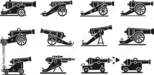 Vintage cannon artillery silhouettes set, military weapon icons collection, historical war equipment flat vector illustration isolated on white background for design projects