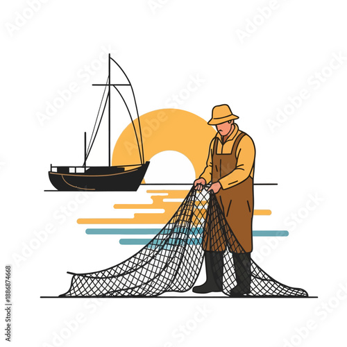 Fisherman Pulling Fishing Net with Boat at Sunset Illustration