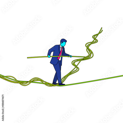 Businessman Tightrope Walking on Winding Path of Business Risk