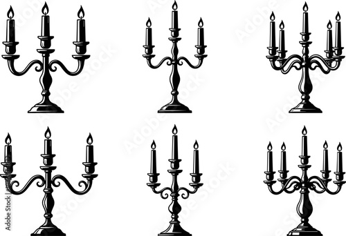 Vintage candelabra candle holders collection, classic ornate chandelier style silhouettes, elegant antique decor vector illustration set isolated on white background