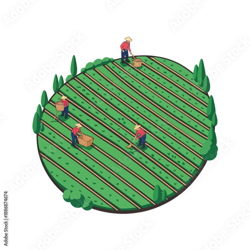 Isometric Farmers Working on a Circular Agricultural Field