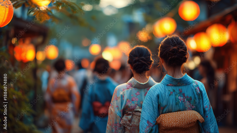 Obraz premium Japanese Summer Festival Scene with People in Elegant Kimono from Back View