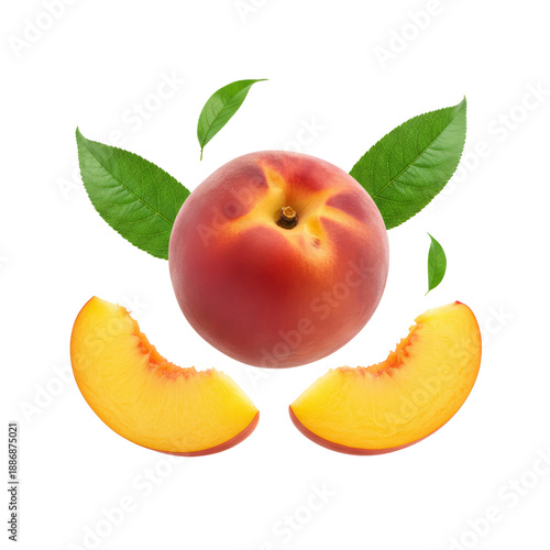 Fresh Peach with Slices and Green Leaves Isolated on White Background