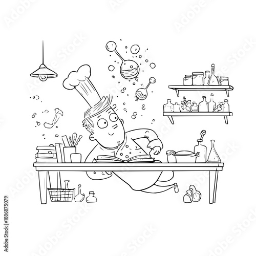 Chef Cooking in Kitchen with Ingredients and Utensils