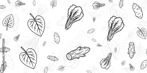 Botanical illustrations of leaves and vegetables on a white background