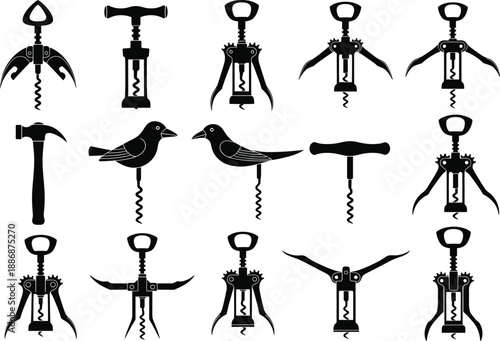 Vintage corkscrew and bottle opener silhouette collection, wine tool vector illustration, mechanical design set, kitchen utensil art, isolated black graphic