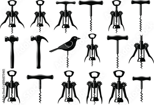 Vintage corkscrew and hammer silhouette vector illustration set, creative bird concept design, wine opener collection, retro kitchen tools, abstract black icon art
