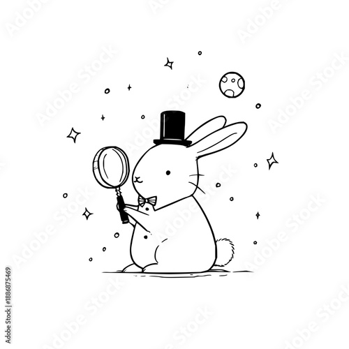Rabbit Wearing Top Hat Holding Magnifying Glass