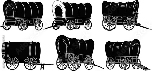 Vintage covered wagon silhouettes, western pioneer transportation illustration, old frontier travel carts, historical American migration wagons, black and white vector design
