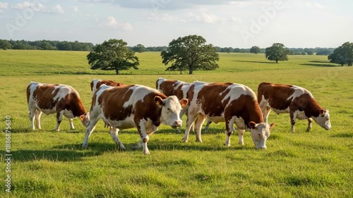 Medium shot featuring selection of red and white cattle known for their hardiness and efficient grass conversion on open pasture.
