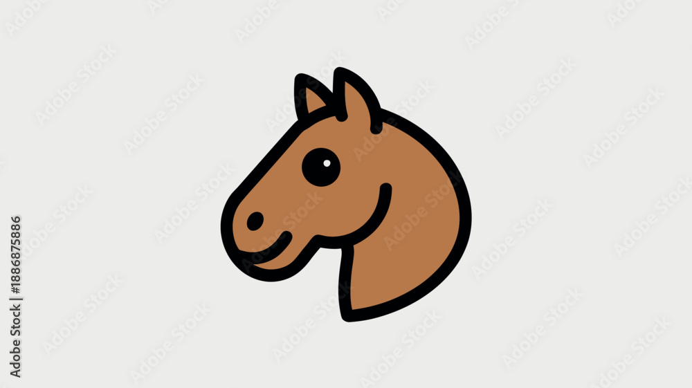 Obraz premium Cartoon horse head in cute smiling expression with brown color and simple line art style for equestrian branding