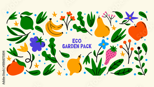 Eco Garden Pack — fruits, flowers and leafy plants illustrated as fresh organic elements, natural garden vibe, eco lifestyle, botanical inspiration