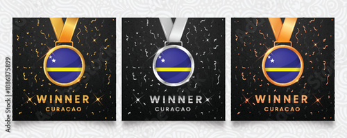 Three medals featuring the Curacao flag. Winner set with gold silver bronze on dark background with sparkles. Vector for celebrations.