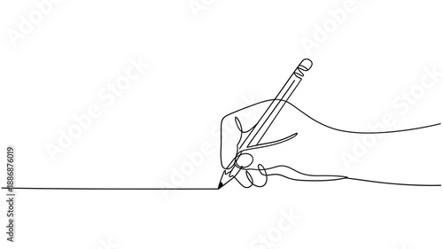 A minimalist hand holding a pencil creating a single line drawing