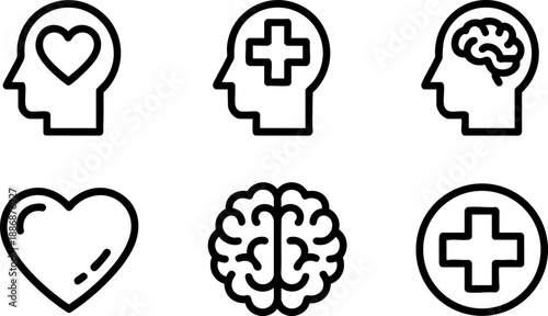 Mental Health Medical Line Icons Set Brain Heart Cross Head Therapy Vector EPS Outline Symbols
