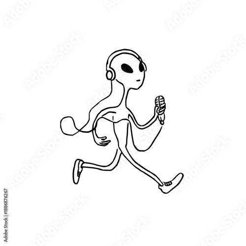 Alien Running with Headphones and Microphone