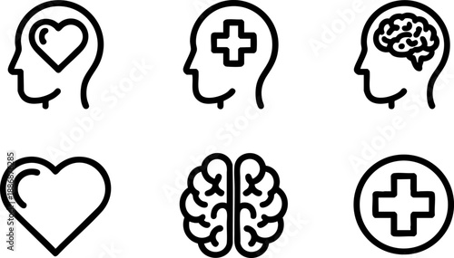 Mental Health Medical Line Icons Set Brain Heart Cross Head Therapy Vector EPS Outline Symbols