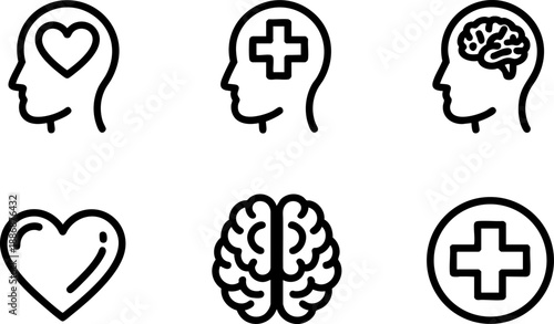 Mental Health Medical Line Icons Set Brain Heart Cross Head Therapy Vector EPS Outline Symbols
