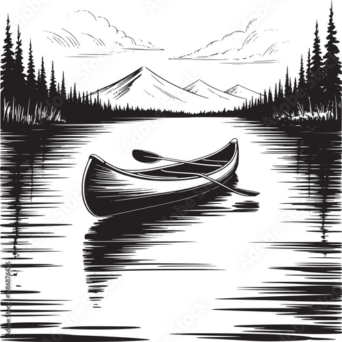 A canoe with paddles on a calm lake surrounded by trees and mountains in a black and white sketch