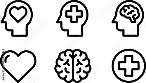Mental Health Medical Line Icons Set Brain Heart Cross Head Therapy Vector EPS Outline Symbols
