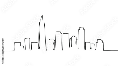 Simple linear drawing depicts a modern city skyline in black and white