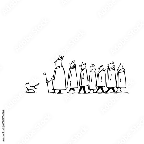 King leading group of followers walking in line