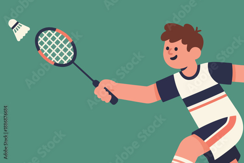 Person hitting shuttlecock with racket in dynamic badminton pose on solid green background.