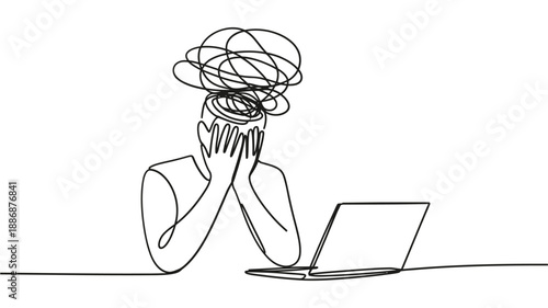 Overwhelmed person with tangled thoughts working on a laptop drawn in a single line