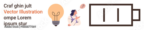 Creativity, energy, innovation, problem-solving, brainstorming, decision-making. A person thinking beside a light bulb icon and battery symbol. Creativity and energy concept visualization