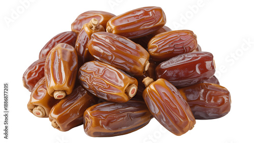 Pile of brown dates on white background