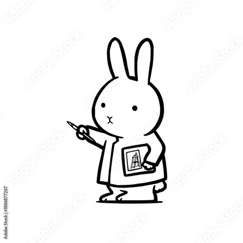 Sad Bunny Holding Pencil and Notebook on White Background
