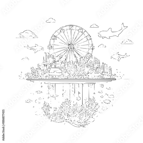 Floating City Skyline with Ferris Wheel and Airplanes