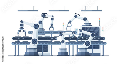 Illustration of a smart factory with robotic arms and machinery in a blue-toned industrial setting with a focus on engineering and teamwork.