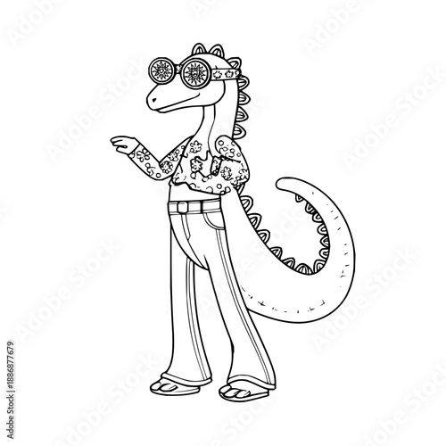 Dinosaur Wearing Sunglasses and Casual Clothes Standing on White Background